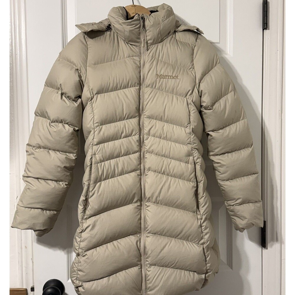 Marmot Jacket Womens Small Tan 700 Fill Down Parka Puffer Coat Fur Hood Outdoor